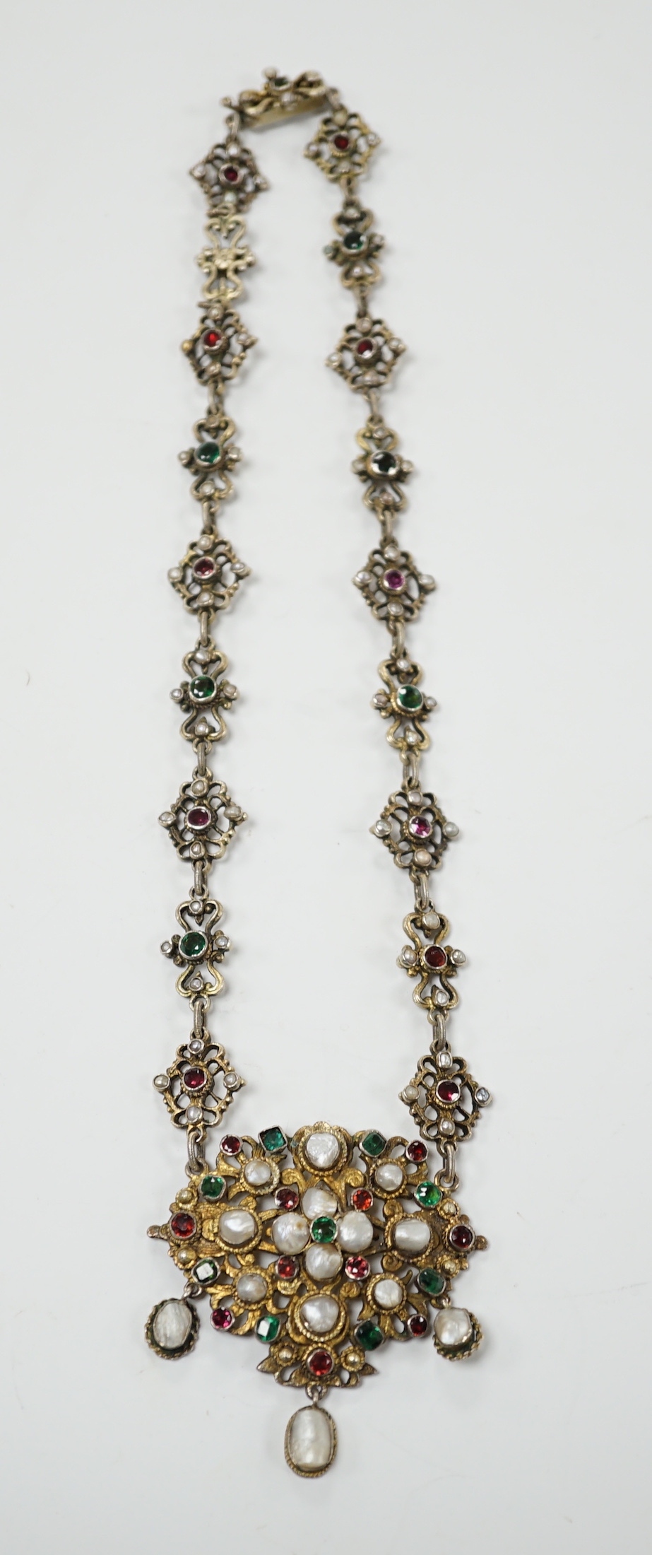 A 19th century Austro-Hungarian baroque pearl and gem set silver gilt necklace, 23cm